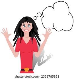 Girl with raised hands smilling and a speech bubble; Person with a thought to share