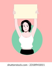 A girl raised her arms to show an empty paper. Girl holding blank paper for presentation. A female was holding an empty banner. People holding placard. Happy female with an empty placard.