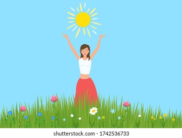 Una chica levantó sus manos y disfruta del sol en un prado con flores. Celebrando el solsticio de verano en junio. Ilustración vectorial.