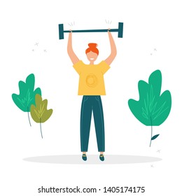 Girl raises the barbell. Summer sport illustrations collection. Girl power. Active lifestyle concept