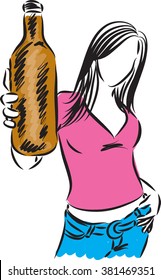 girl raising bottle of beer illustration