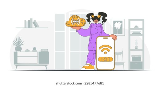A girl raising cloud storage in her hands, characterized in a modern vector style.