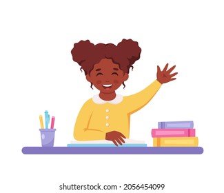 Girl raising hand to answer. Child sitting at a desk with school supplies. Elementary school student. Vector illustration