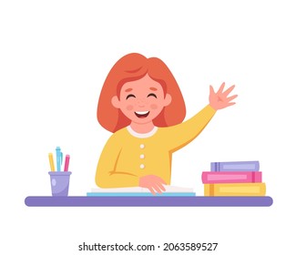 Girl raising hand to answer. Child sitting at a desk with school supplies. Elementary school student. Vector illustration