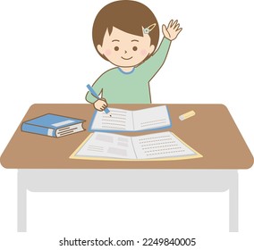 Girl raising hand in class while taking notes