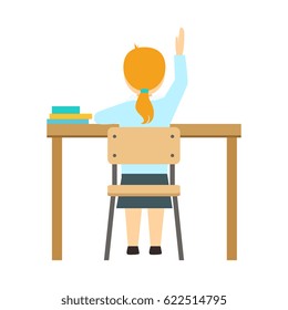 Girl Raising The Hand Sitting At The Desk In Classroom, Part Of School And Scholar Life Series Of Minimalistic Illustrations