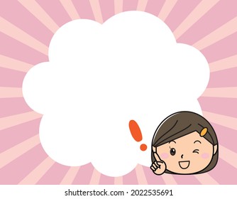 Girl raising her index finger in front of a large text space