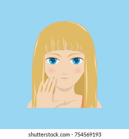 A girl raising palm forwards, body language, saying no, stop. Vector illustration, vector icon.