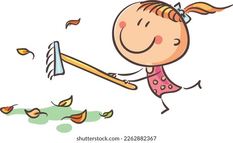 The girl rakes autumn leaves. Doodle cartoon happy kid vector clipart illustration.