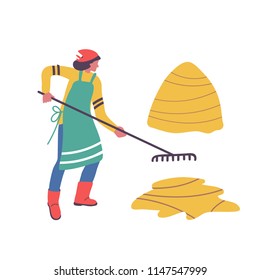 Girl rakes the hay. Young woman with a rake. Haymaking. Vector cartoon illustration. 