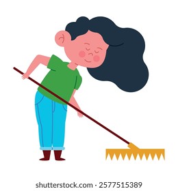 A girl raking leaves with a yellow rake in cartoon style