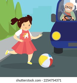 The girl ran for the ball on the road with the car