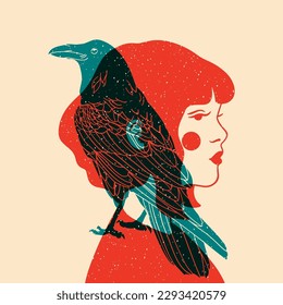 Girl with Raven. Colorful cute screen printing effect. Riso print effect. Vector illustration. Graphic element  for fabric, textile, clothing, wrapping paper, wallpaper, poster. 