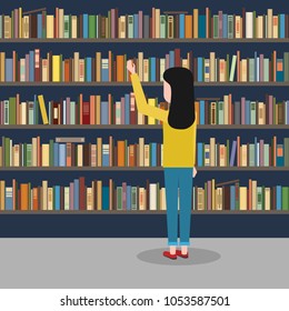 The girl reaches for the book in the background of the bookshelves. Vector illustration.