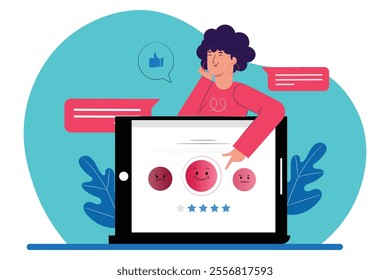 A girl reaction on a post with face emoji giving likes vector illustration