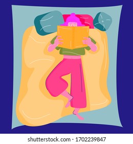 Girl read book in the bed. Stay home in safety. Vector colorful illustration. Feminine style design.