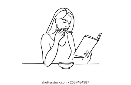 Girl read book and eating continuous line art drawing isolated on white background. Beautiful lady outline. Vector illustration	