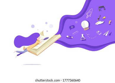 Girl read a book, education idea creativity concept, back to school vector illustration
