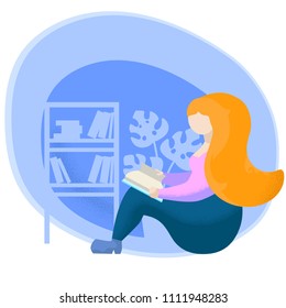 Girl read book flat vector illustration. Reading woman character reading book. Reading hobby for relax. Self-education or learning concept. Book case and potted plant background. Calm weekend activity