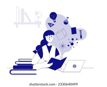 The girl read a book. Globe, plant. The girl is sitting near the books. Back to school. Vector flat illustration. Education concept. Schoolgirl. Atom, books, chemical molecule, flask, ruler, cube