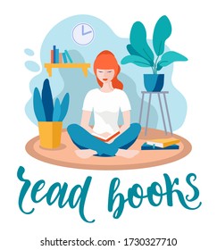 Girl read book. Home activities letterings and other elements. Girl reading a book  in greenhouse or home garden with plants growing in pots.  Things to do at home. Vector illustration.