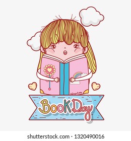 girl read book information with clouds and hearts