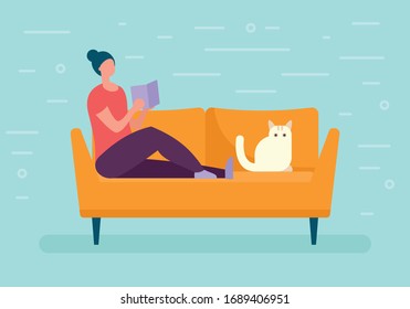 Girl read book on sofa with cat concept. Vector illustration with Girl, book and cat in flat style