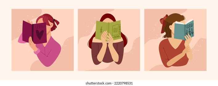 Girl read a book set of vector illustrations. World book day flat conceptions