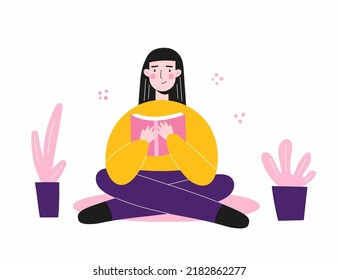 Girl read book sitting in lotus position. Young woman relax at home with literature. Vector illustration.
