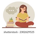 Girl read book. Teenager sits in lotus position and reads, does homework. Education, learning and training, preparation for test or examination, self development. Cartoon flat vector illustration
