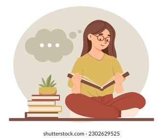 Girl read book. Teenager sits in lotus position and reads, does homework. Education, learning and training, preparation for test or examination, self development. Cartoon flat vector illustration