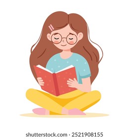 Garota lê o livro. O adolescente se senta em posição de lótus e lê, faz o dever de casa.  Conceito de dia de aprendizagem e alfabetização. Vetor