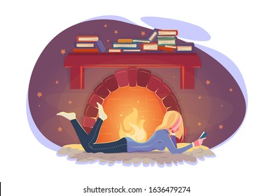 Girl read book in winter by fireplace. Cold weather illustration. Modern education concept. Cozy winter modern design. Young woman studying by fireside in flat style. Relax evening isolated on white.