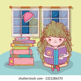 girl read books with lamp and window