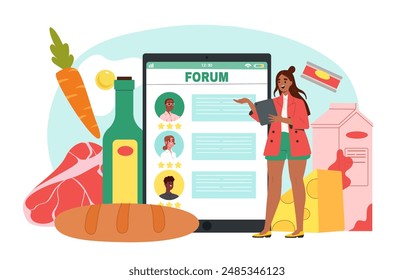 Girl read diet forum. Woman stands near tablet with information and natural and organic products. Healthy lifestyle and proper diet, nutrition. Flat vector illustration isolated on white background