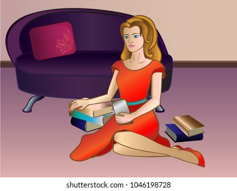 Girl is a reader of an electronic book in the interior with books. Woman reading sitting on the floor in the living room