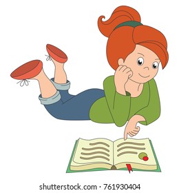 Girl Reader infant cartoon. Outlined illustration with thin line black stroke