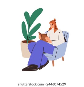 Lectora sentada en sillón con libro. Mujer feliz estudiante relajante, descansando con literatura de ficción, novela en las manos en el tiempo libre. Ilustración vectorial plana aislada sobre fondo blanco