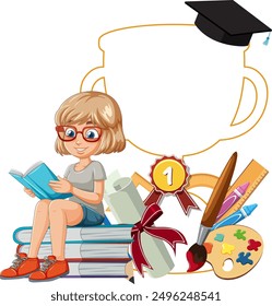 Girl reading with academic and art supplies