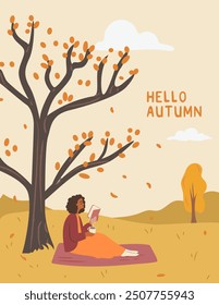 Girl reading in an autumn park poster