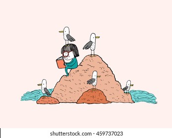 Girl reading in a beach rock surrounded by seagulls, hand drawn ink vector illustration