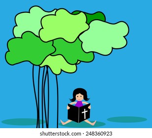 Girl reading the bible under the tree-Vector illustration