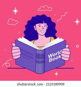 Girl reading a big book. Book festival. Study in library. Literature fans or lovers, student, education concept. self education. Student reading literature, textbook. Isolated flat vector illustration