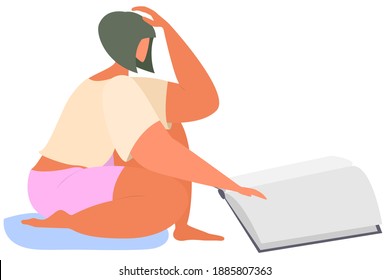 The girl is reading a big book. The woman is sitting on the floor with her leg bent. Vector in a flat style isolated on white. The girl dreams of what she has read.
