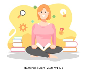 Niña leyendo un libro. agregar conocimiento. aislados en un fondo amarillo con íconos de ideas, medallas, engranajes, etc. adecuados para el tema de estudio, actividad, escuela, negocios, etc. ilustración vectorial plana