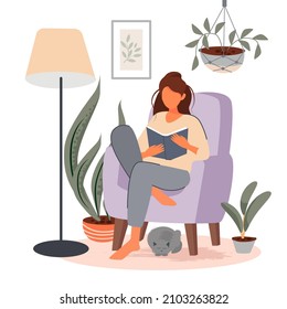 The girl is reading a book in an armchair. Cozy interior with plants, a lamp and a cat. Vector illustration.