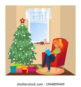 The girl is reading a book in an armchair. Happy New Year and Merry Christmas. The concept of recreation and learning during the winter holidays. Vector drawing.