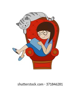 Girl reading a book in an armchair with her cat.