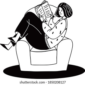 Niña leyendo un libro en un sillón. Ilustración vectorial de arte de línea. 