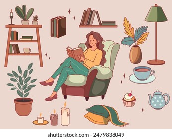 Girl is reading book in armchair. Relaxing home weekend, hygge attributes, comfortable environment, cozy elements, house plants and bookshelves. Female Bookworm vector cartoon flat isolated set